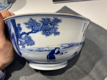 An imperial Chinese blue and white 'rice production' bowl, Kangxi mark and of the period